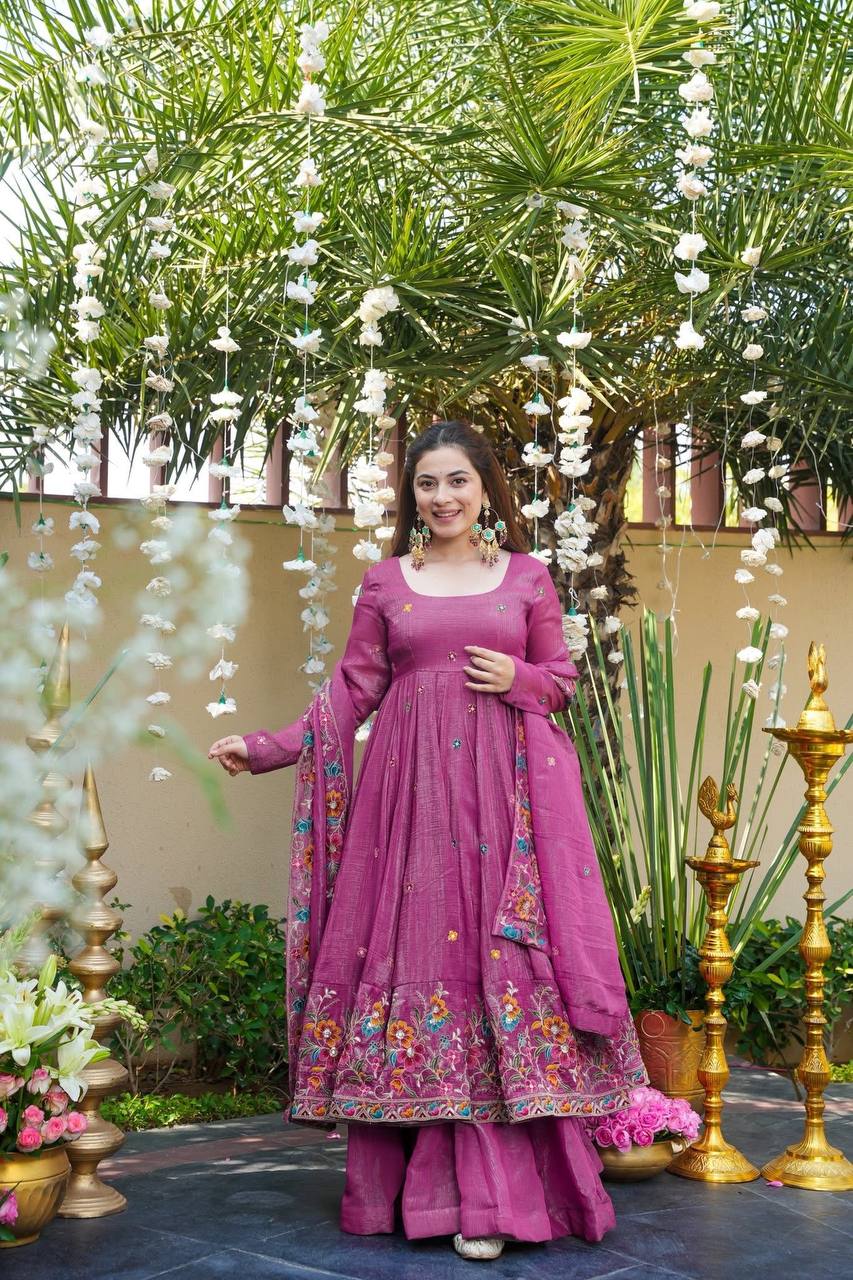 Neha's Wear Dusty Rose Color Embroidered Gown With Sharara And Dupatta