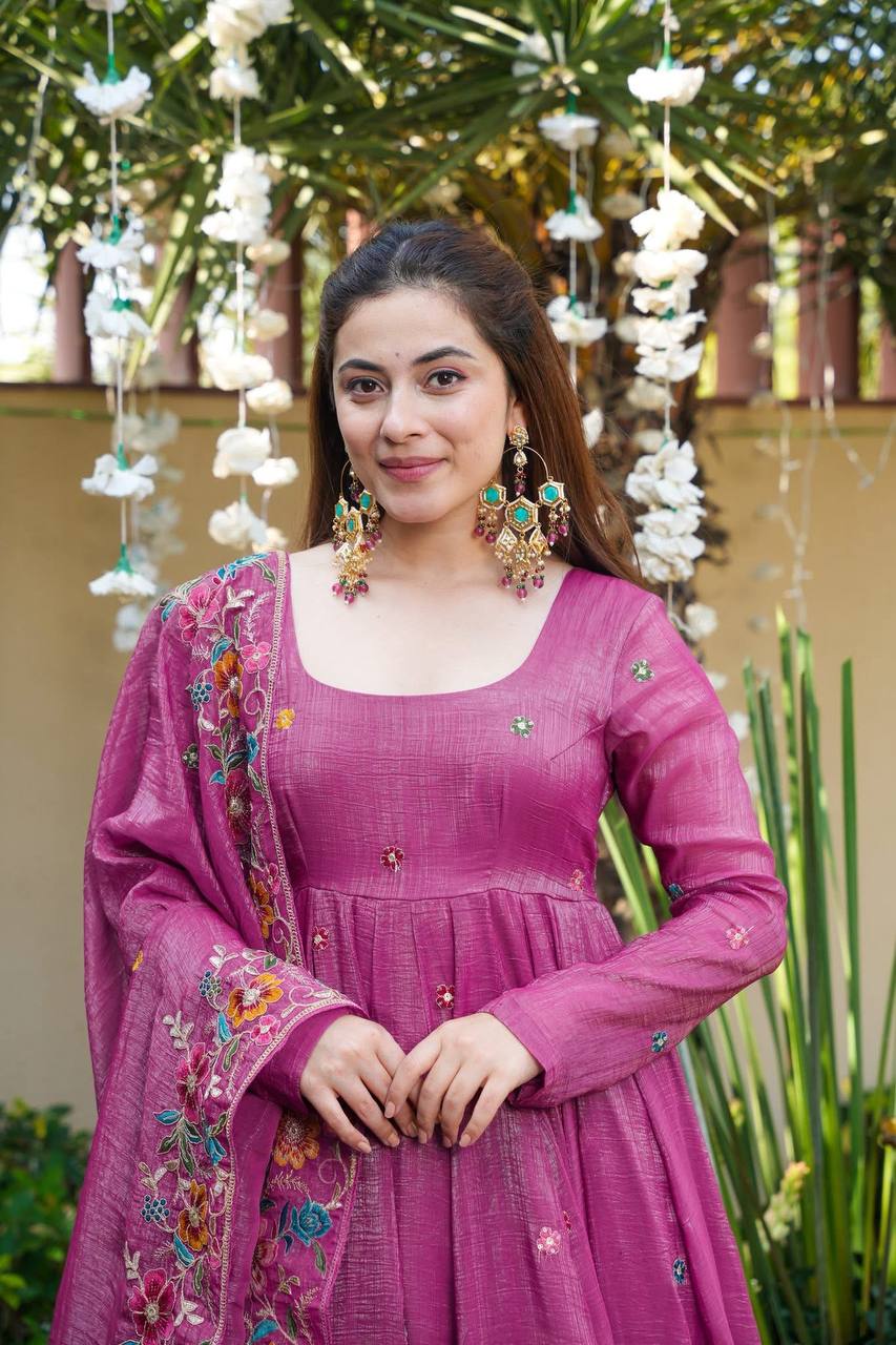 Neha's Wear Dusty Rose Color Embroidered Gown With Sharara And Dupatta