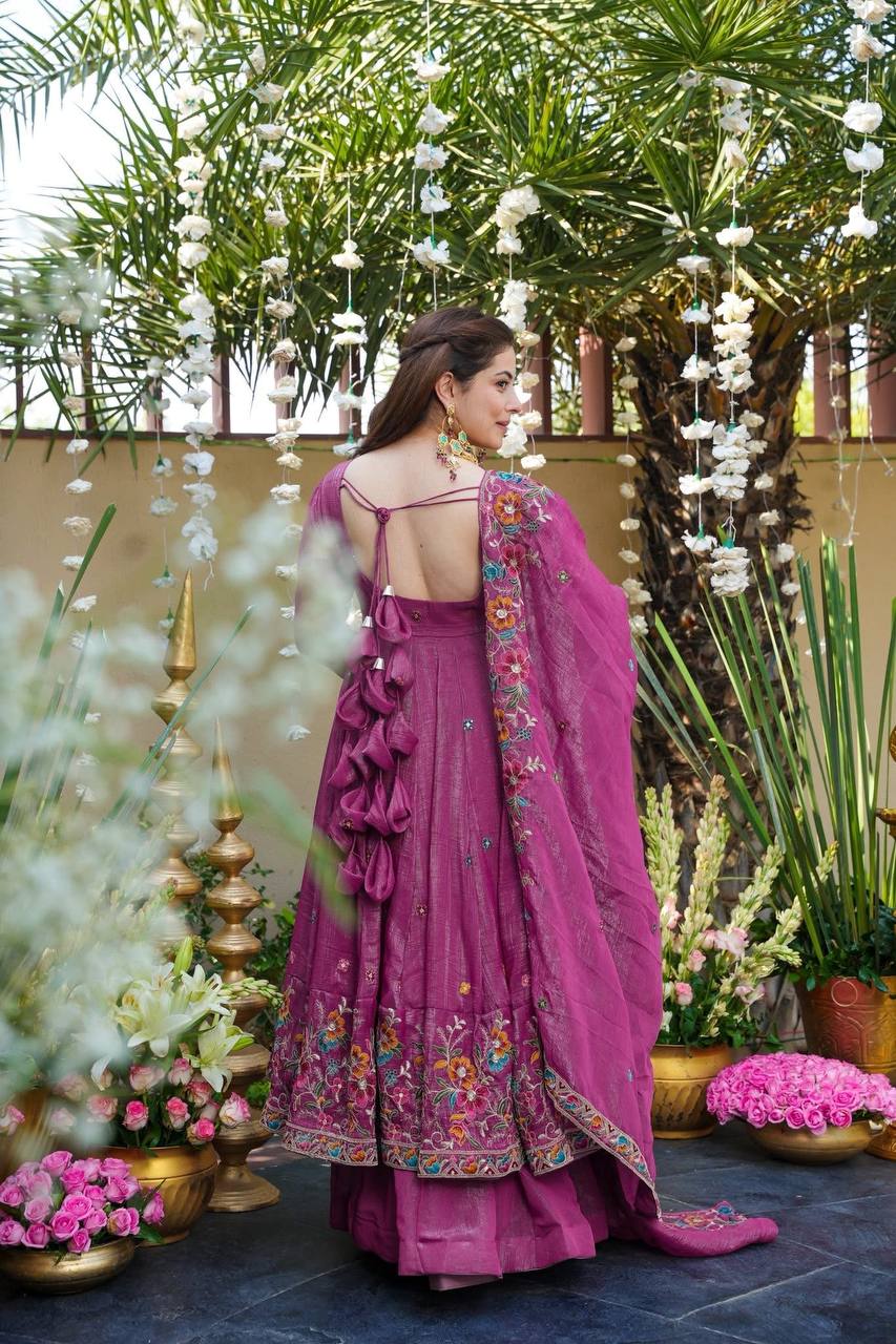 Neha's Wear Dusty Rose Color Embroidered Gown With Sharara And Dupatta