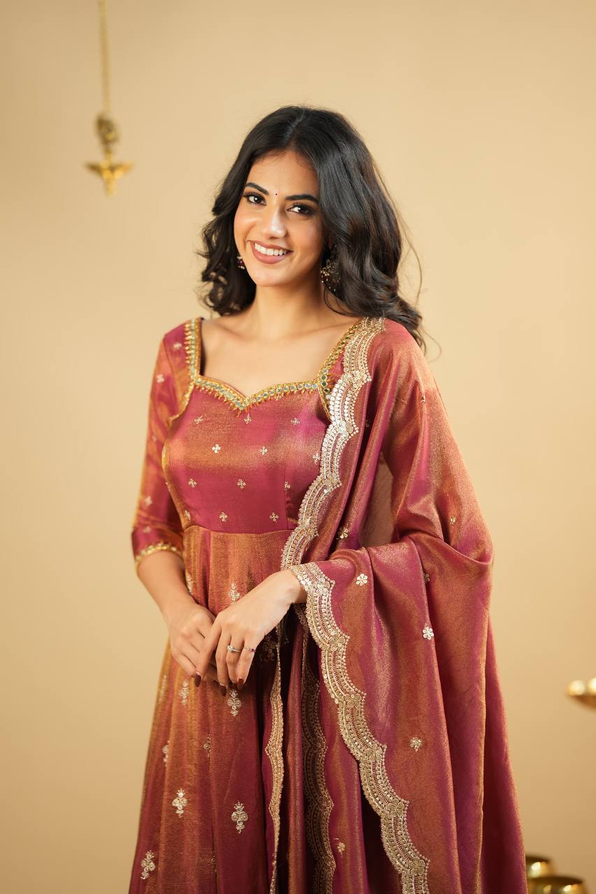 Party Wear Chocolate Color Cosmo With Heavy Sequins Thread Embroidered Work Anarkali Suit
