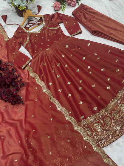 Party Wear Chocolate Color Cosmo With Heavy Sequins Thread Embroidered Work Anarkali Suit