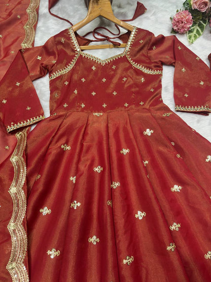 Party Wear Chocolate Color Cosmo With Heavy Sequins Thread Embroidered Work Anarkali Suit