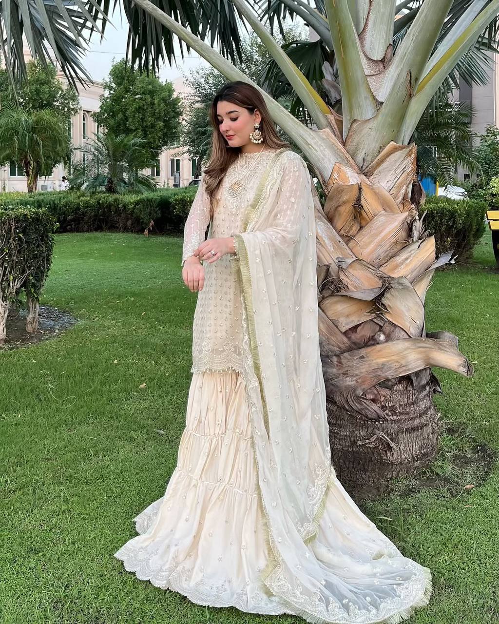 Wedding Wear White Color Heavy Chinon With Heavy Embroidery Sequence Work Sharara Suit