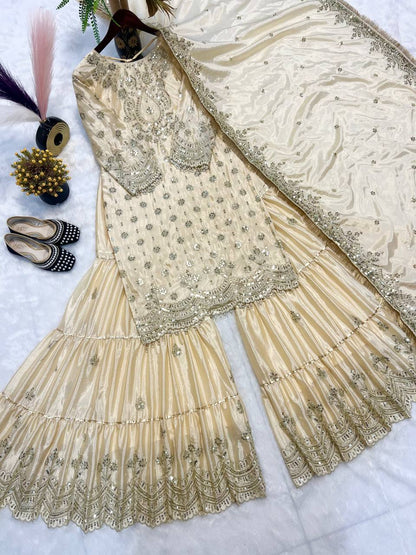 Wedding Wear White Color Heavy Chinon With Heavy Embroidery Sequence Work Sharara Suit
