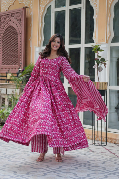 Shining Pink Color Pure Cotton Printed Designer Anarkali Suit