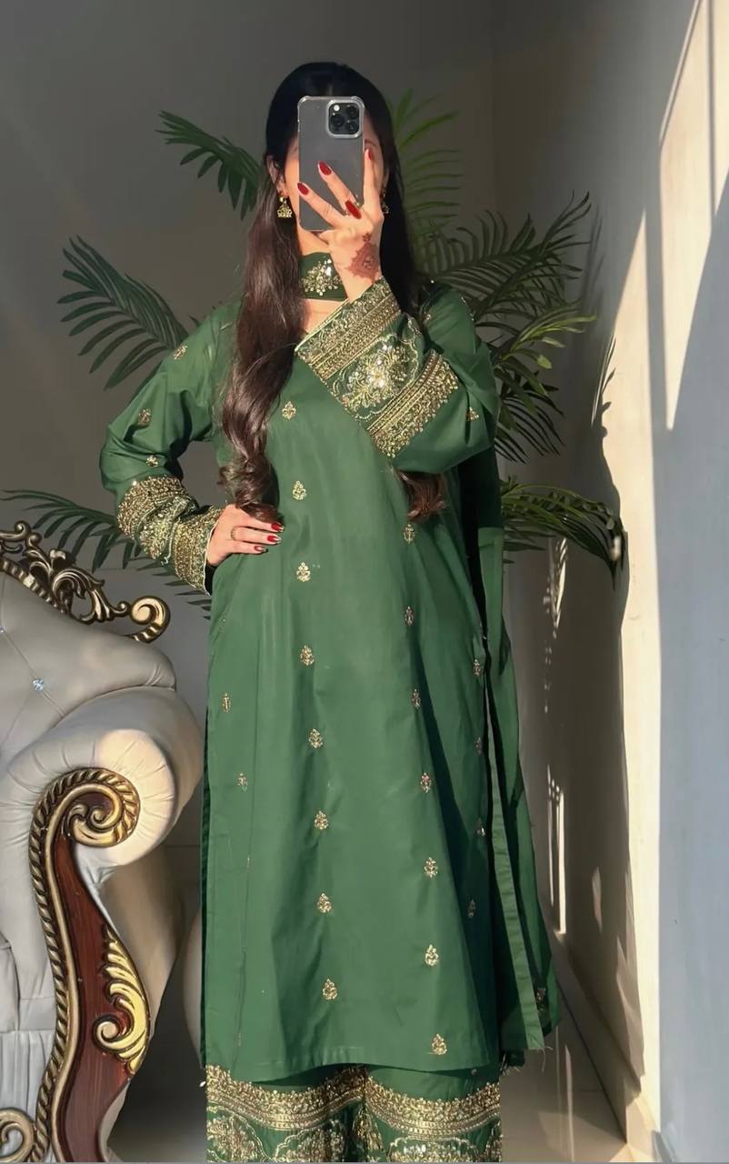 Beautiful Green Color Sequence Embroidered Palazzo Suit With Dupatta