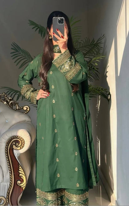Beautiful Green Color Sequence Embroidered Palazzo Suit With Dupatta