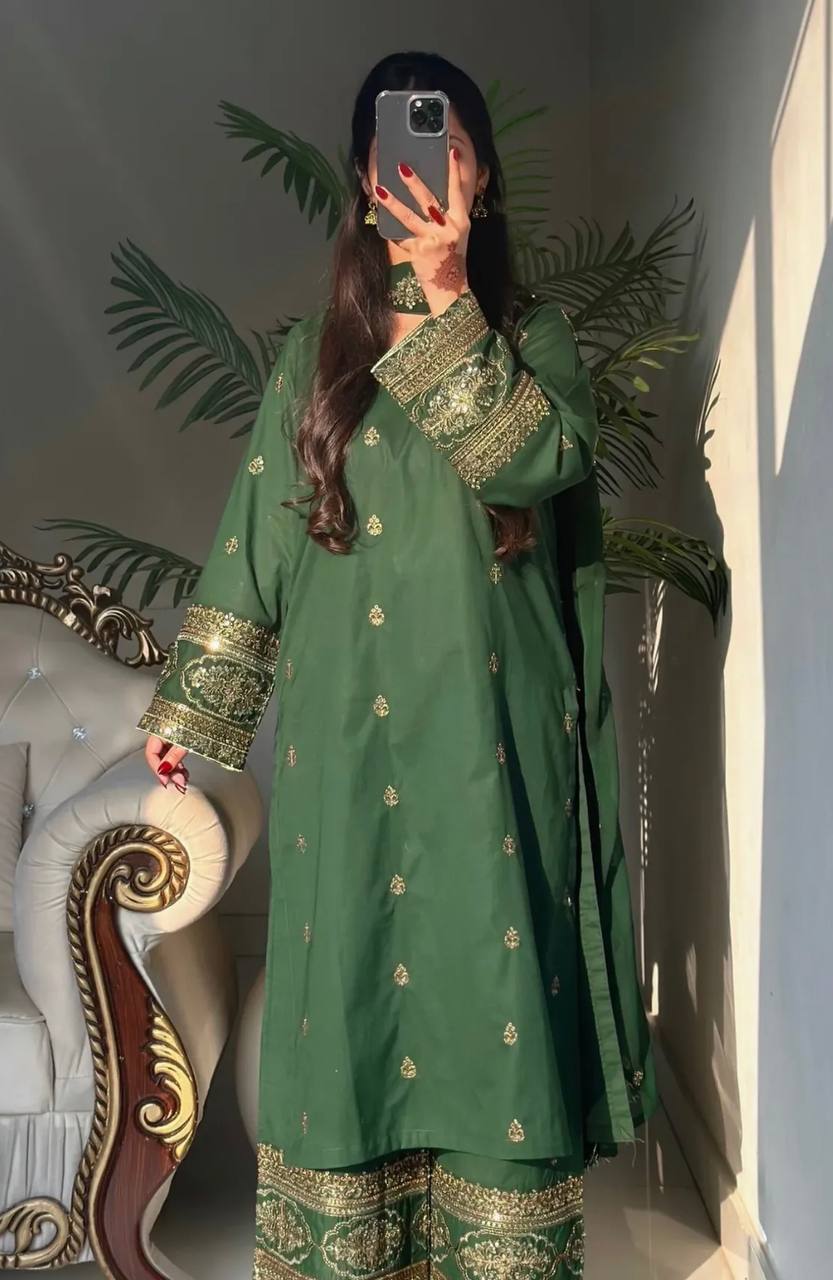Beautiful Green Color Sequence Embroidered Palazzo Suit With Dupatta