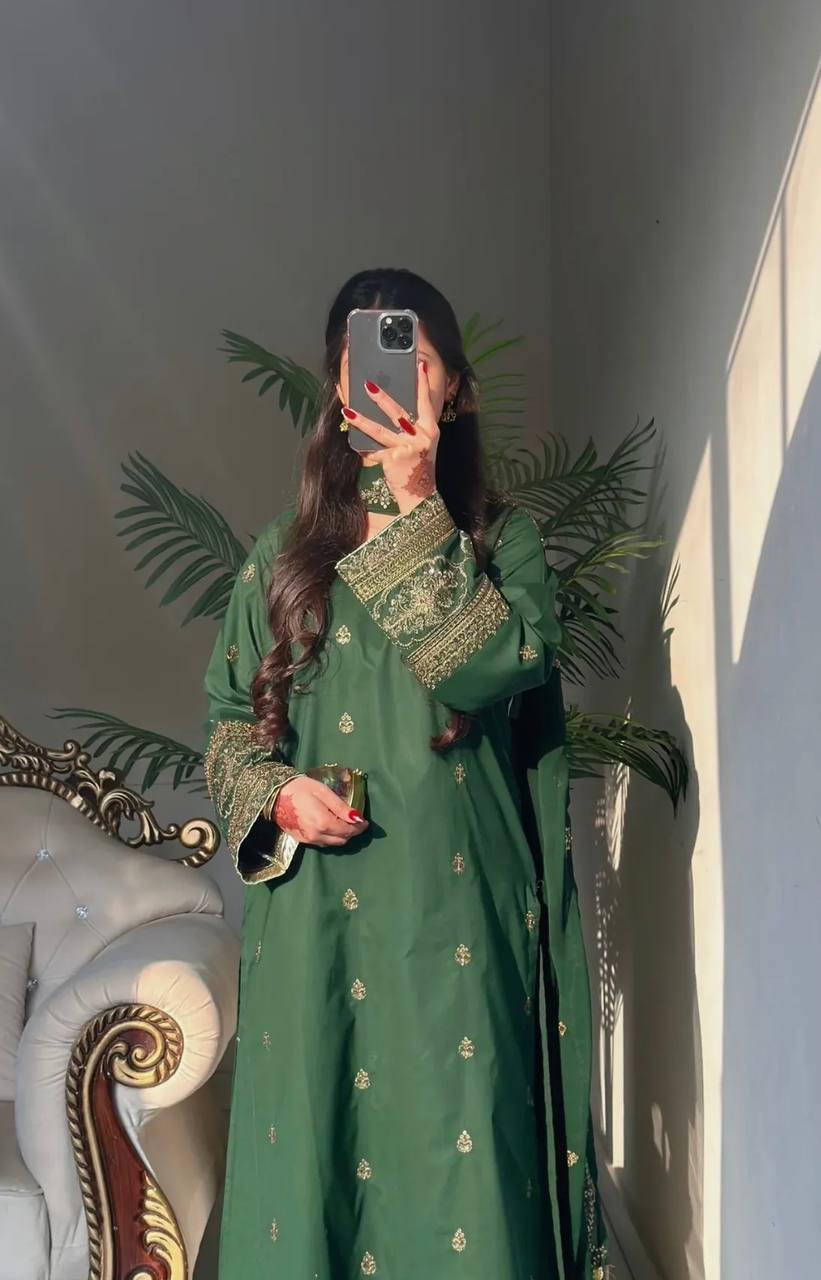 Beautiful Green Color Sequence Embroidered Palazzo Suit With Dupatta