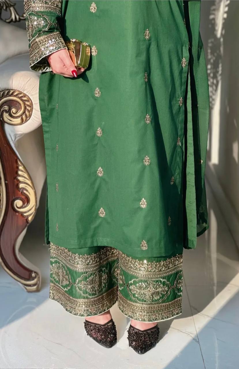 Beautiful Green Color Sequence Embroidered Palazzo Suit With Dupatta