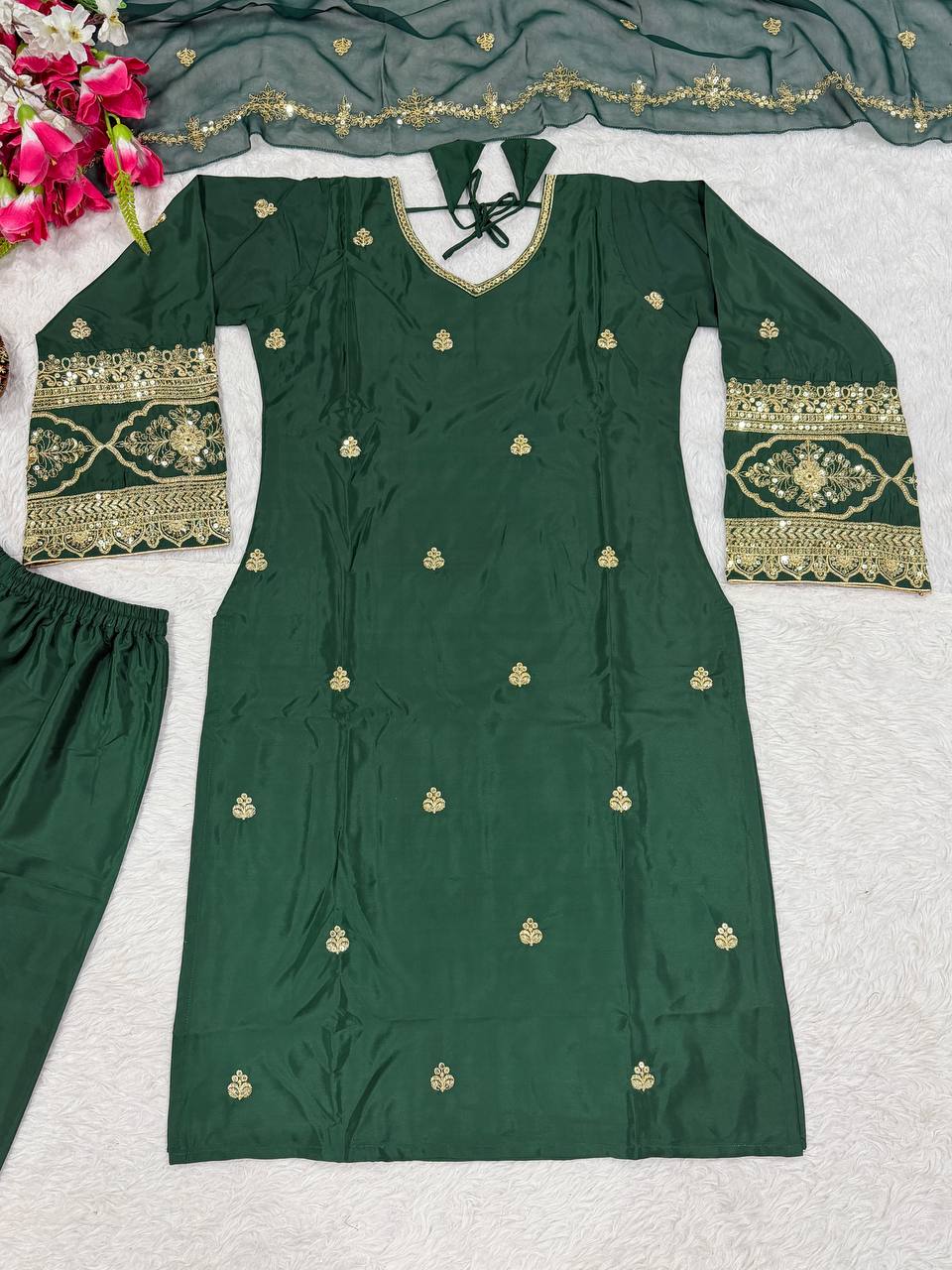 Beautiful Green Color Sequence Embroidered Palazzo Suit With Dupatta
