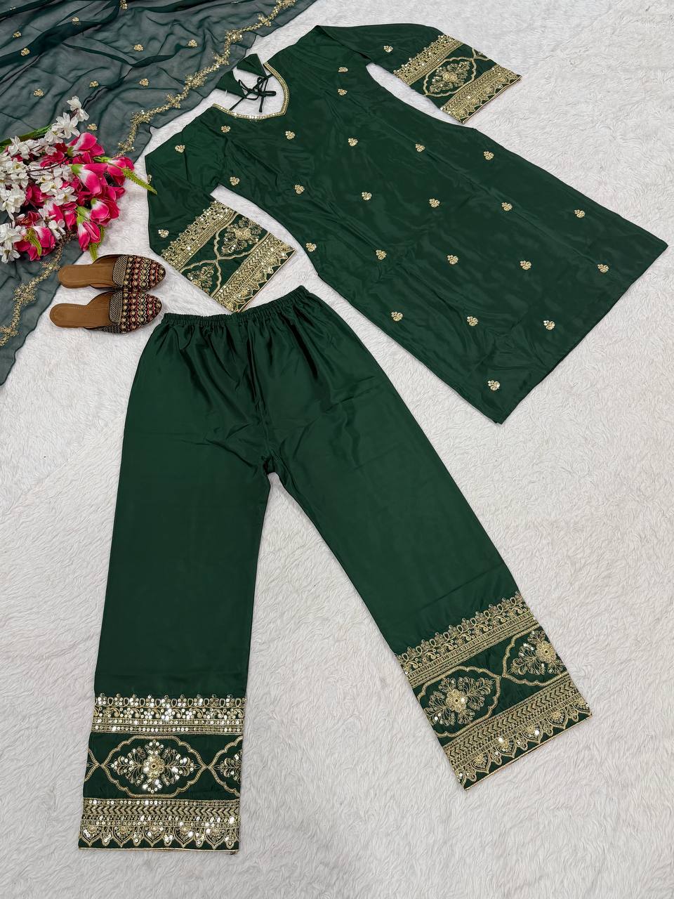 Beautiful Green Color Sequence Embroidered Palazzo Suit With Dupatta