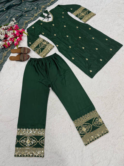 Beautiful Green Color Sequence Embroidered Palazzo Suit With Dupatta