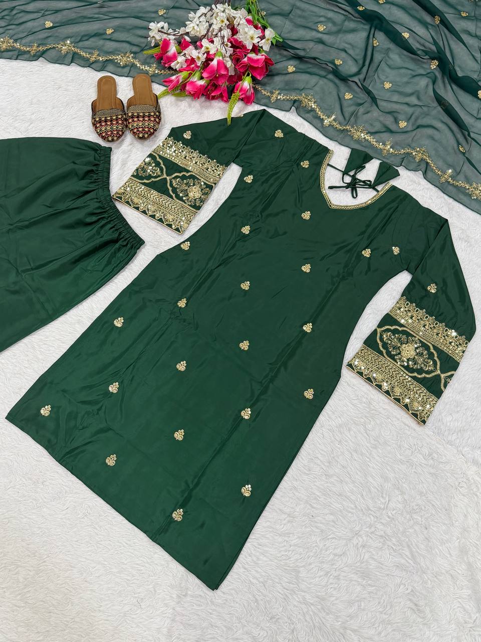 Beautiful Green Color Sequence Embroidered Palazzo Suit With Dupatta