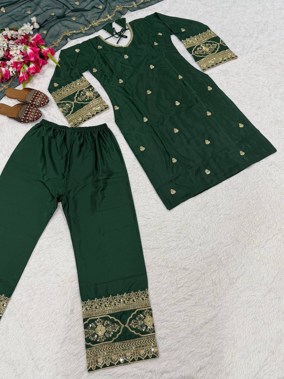 Beautiful Green Color Sequence Embroidered Palazzo Suit With Dupatta