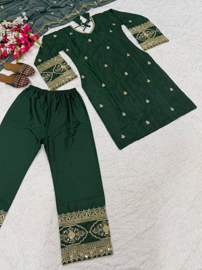 Beautiful Green Color Sequence Embroidered Palazzo Suit With Dupatta