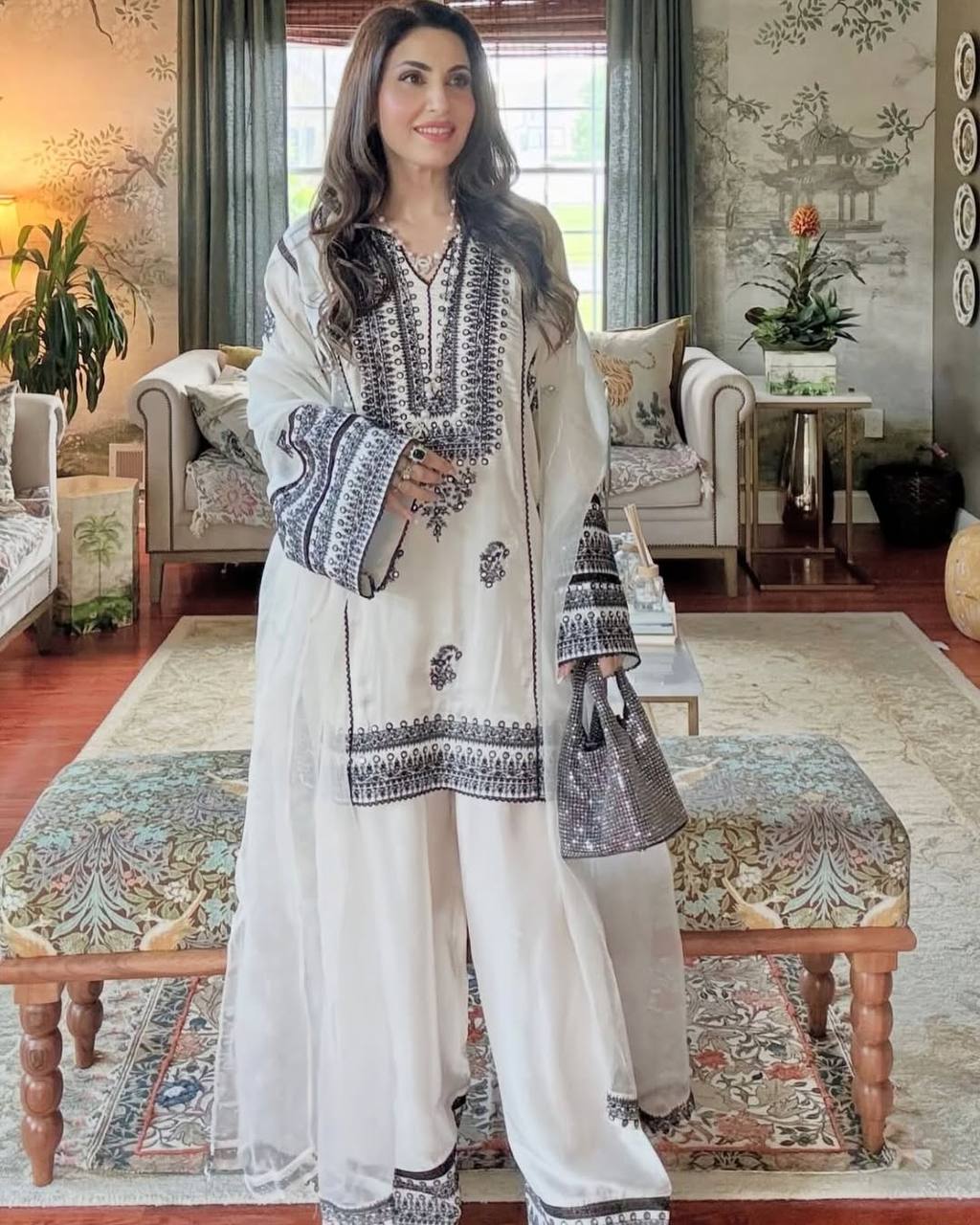 Casual Wear White Color Heavy Natural Silk Embroidery Work With Mirror Hand Work Palazzo Suit