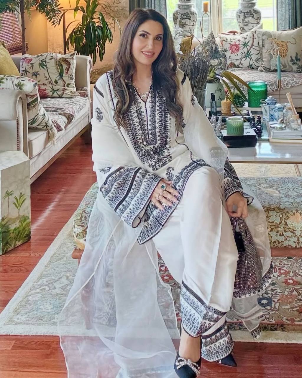 Casual Wear White Color Heavy Natural Silk Embroidery Work With Mirror Hand Work Palazzo Suit