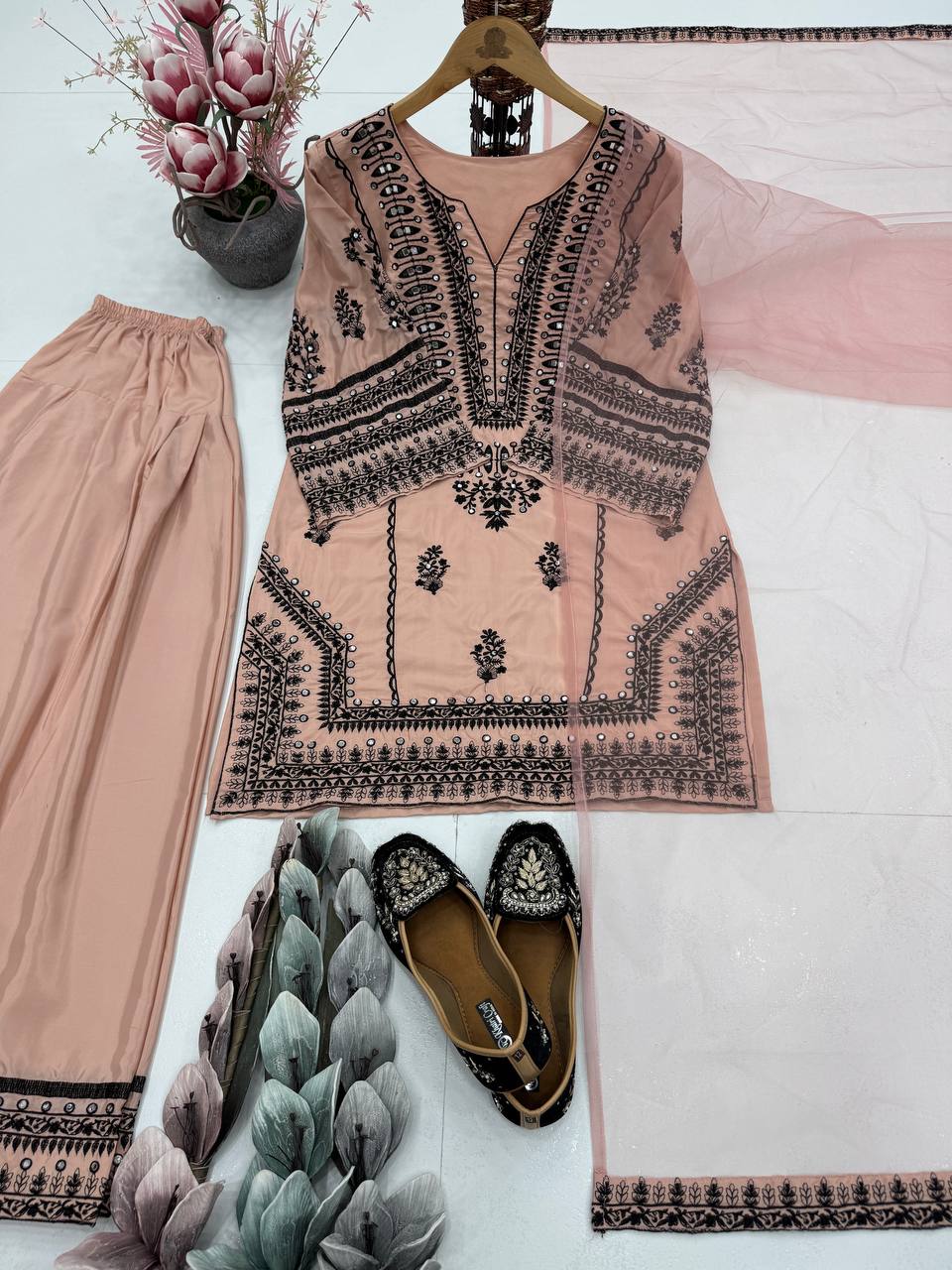 Casual Wear Light Peach Color Heavy Natural Silk Embroidery Work With Mirror Hand Work Palazzo Suit