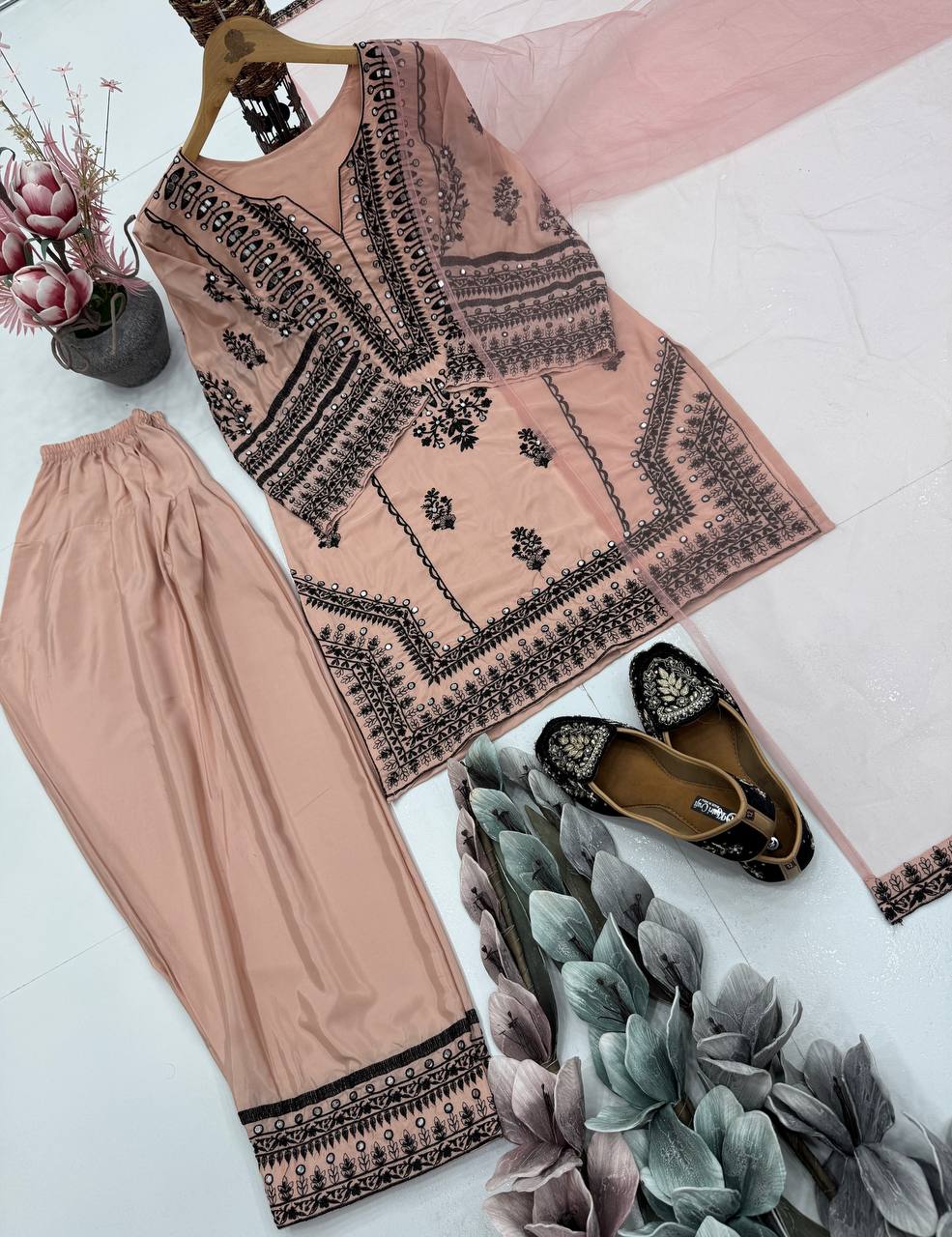 Casual Wear Light Peach Color Heavy Natural Silk Embroidery Work With Mirror Hand Work Palazzo Suit