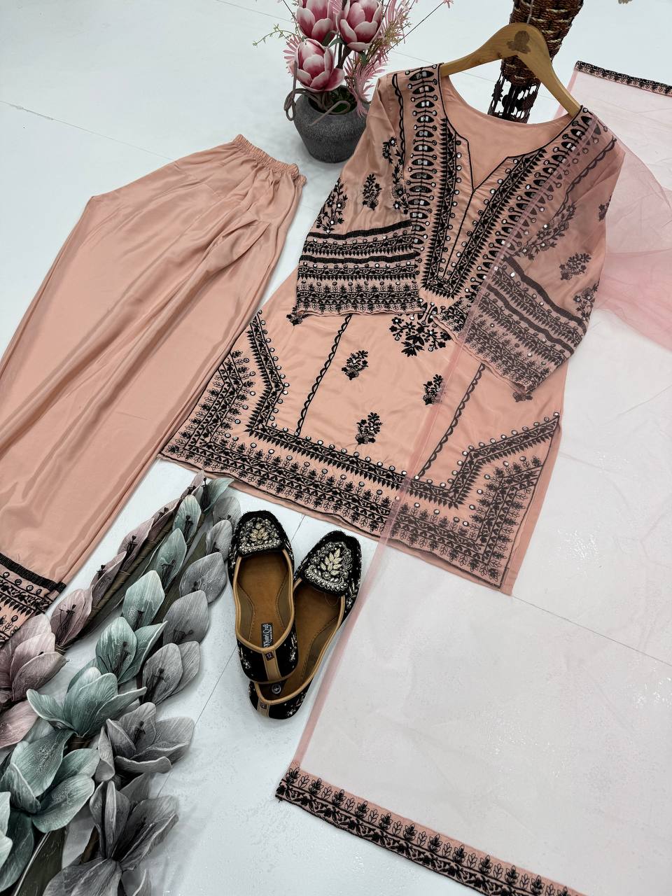 Casual Wear Light Peach Color Heavy Natural Silk Embroidery Work With Mirror Hand Work Palazzo Suit