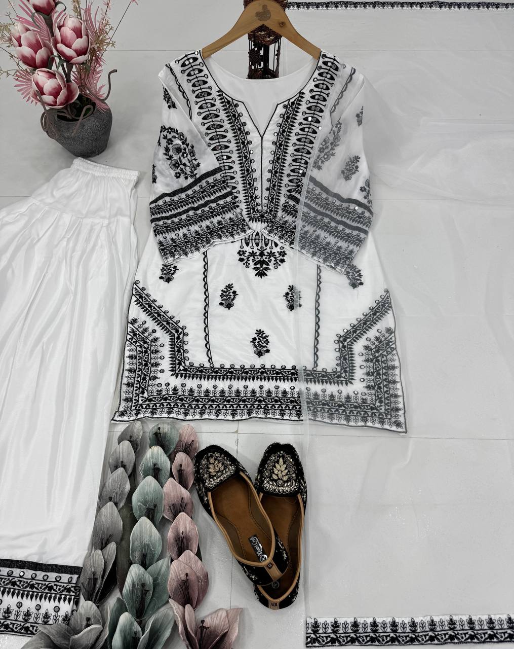Casual Wear White Color Heavy Natural Silk Embroidery Work With Mirror Hand Work Palazzo Suit