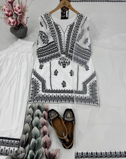Casual Wear White Color Heavy Natural Silk Embroidery Work With Mirror Hand Work Palazzo Suit