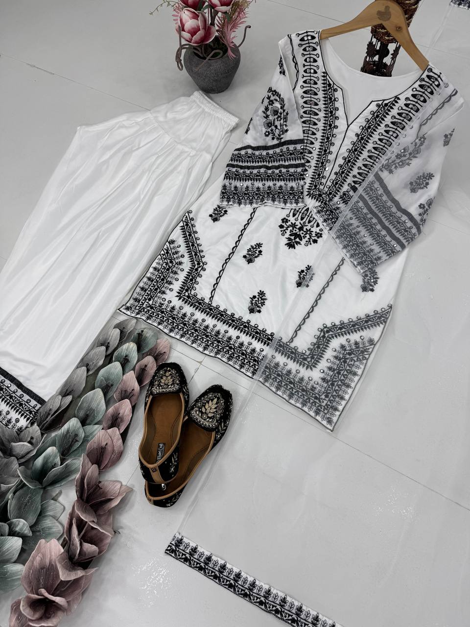 Casual Wear White Color Heavy Natural Silk Embroidery Work With Mirror Hand Work Palazzo Suit
