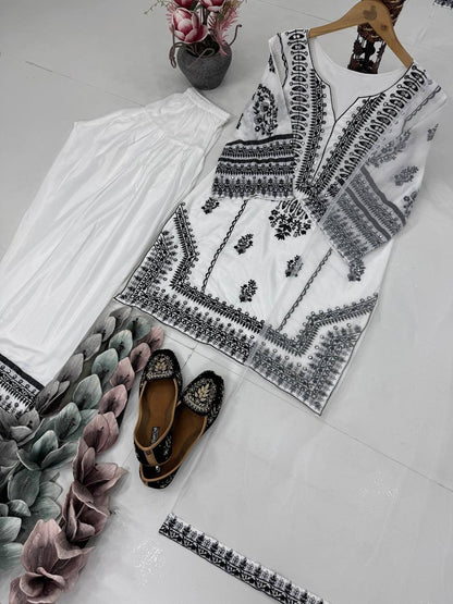 Casual Wear White Color Heavy Natural Silk Embroidery Work With Mirror Hand Work Palazzo Suit