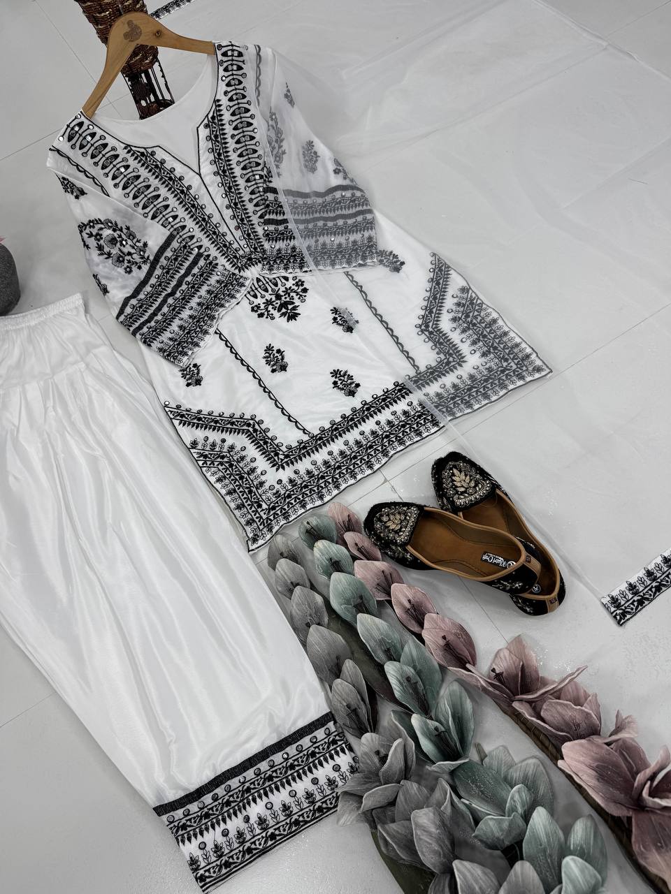 Casual Wear White Color Heavy Natural Silk Embroidery Work With Mirror Hand Work Palazzo Suit