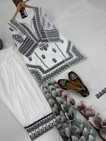 Casual Wear White Color Heavy Natural Silk Embroidery Work With Mirror Hand Work Palazzo Suit