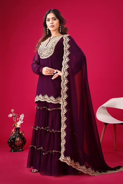 Ravishing Wine Color Blooming Faux Georgette With Heavy Embroidery Sequence Thread Work Palazzo Suit