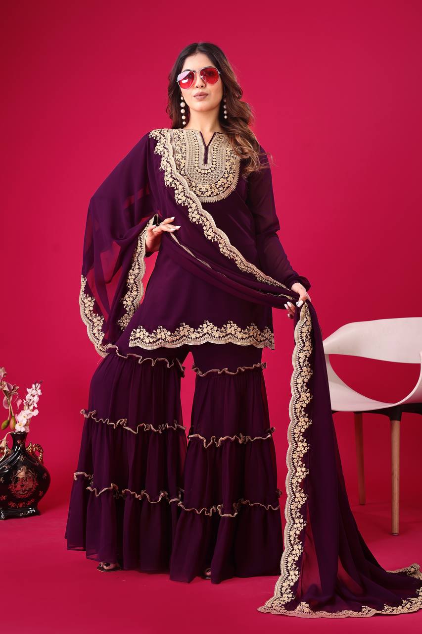Ravishing Wine Color Blooming Faux Georgette With Heavy Embroidery Sequence Thread Work Palazzo Suit