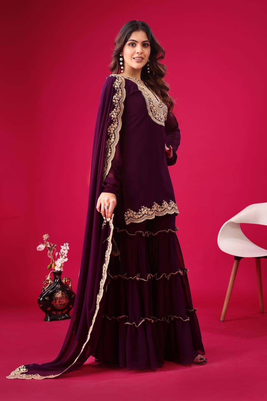 Ravishing Wine Color Blooming Faux Georgette With Heavy Embroidery Sequence Thread Work Palazzo Suit