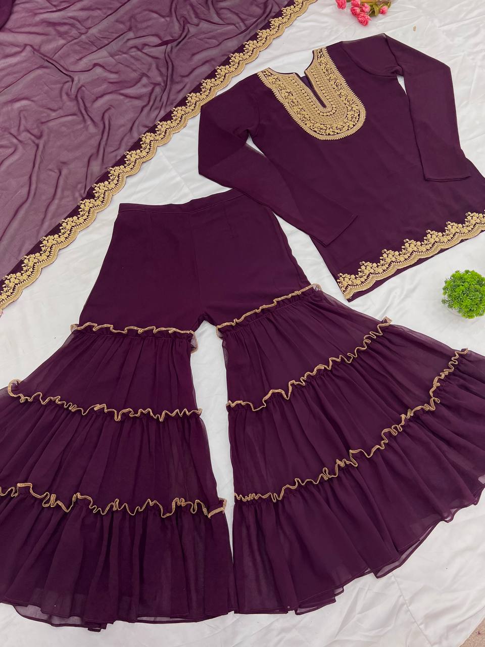 Ravishing Wine Color Blooming Faux Georgette With Heavy Embroidery Sequence Thread Work Palazzo Suit