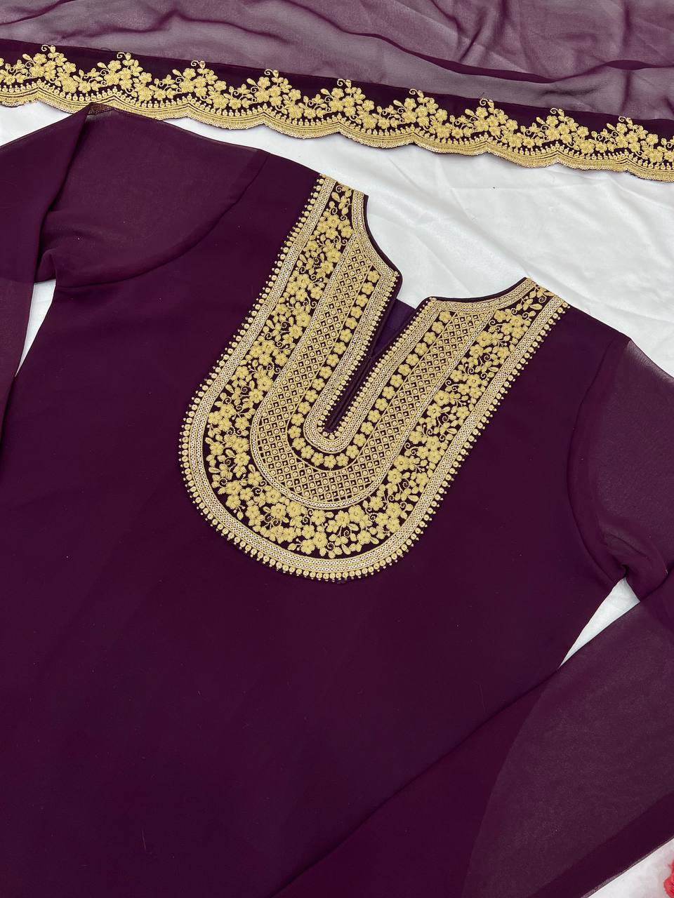 Ravishing Wine Color Blooming Faux Georgette With Heavy Embroidery Sequence Thread Work Palazzo Suit