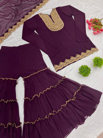 Ravishing Wine Color Blooming Faux Georgette With Heavy Embroidery Sequence Thread Work Palazzo Suit