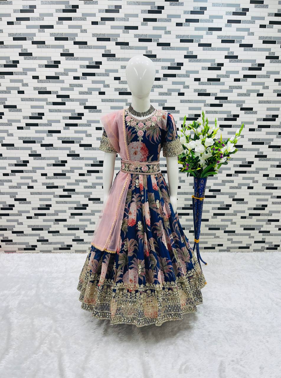 Designer Heavy Faux Georgette Navy Blue Color Digital Print Embroidered Sequin Work Gown With Dupatta And Kamar Belt