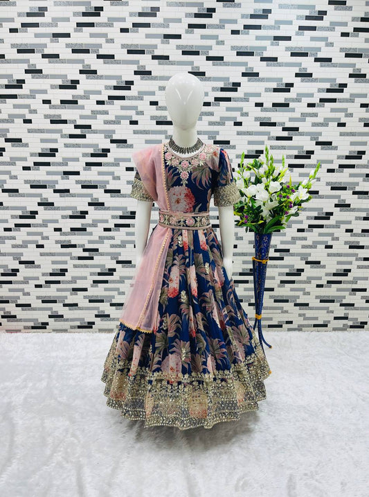 Designer Heavy Faux Georgette Navy Blue Color Digital Print Embroidered Sequin Work Gown With Dupatta And Kamar Belt