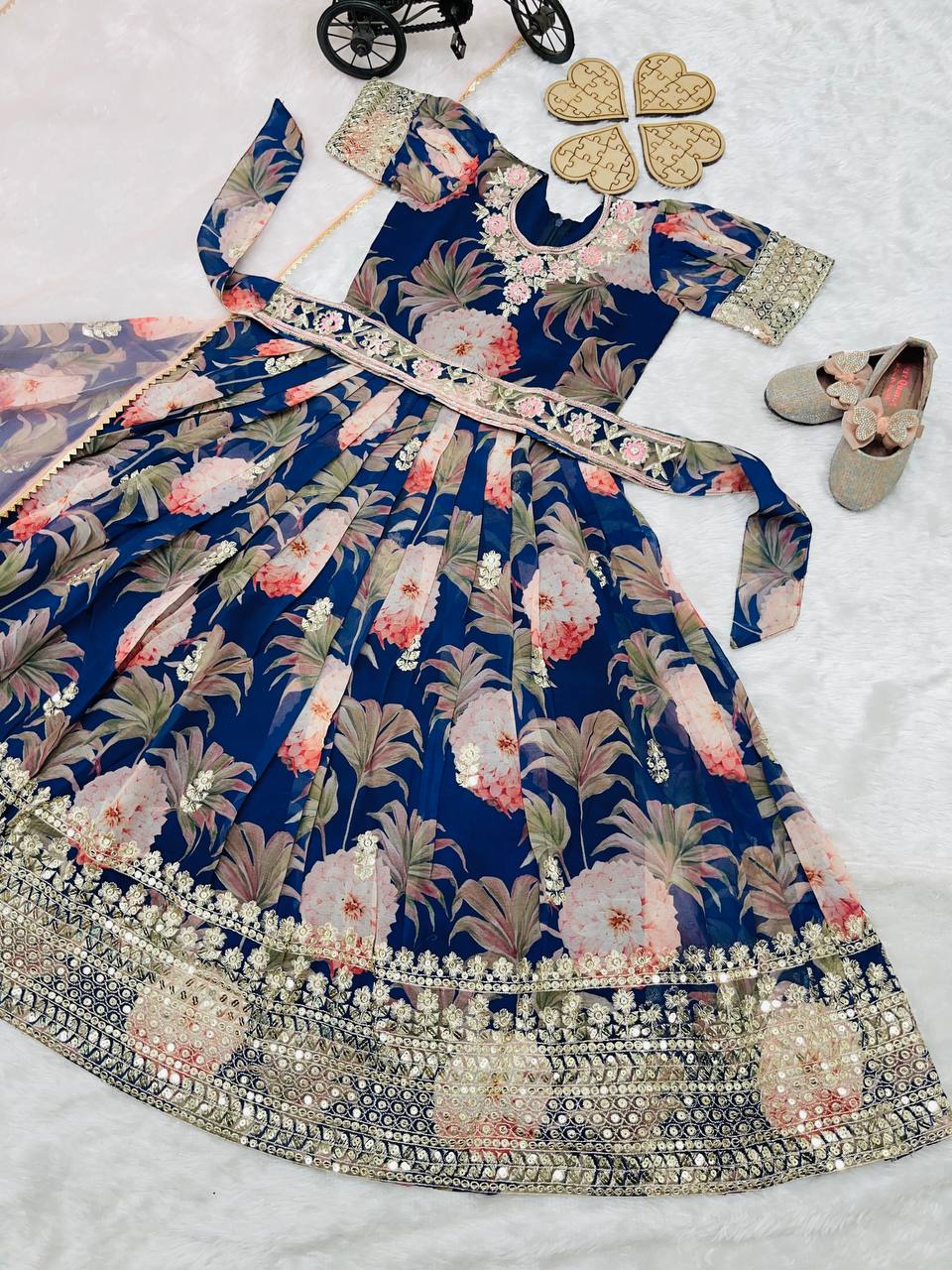 Designer Heavy Faux Georgette Navy Blue Color Digital Print Embroidered Sequin Work Gown With Dupatta And Kamar Belt