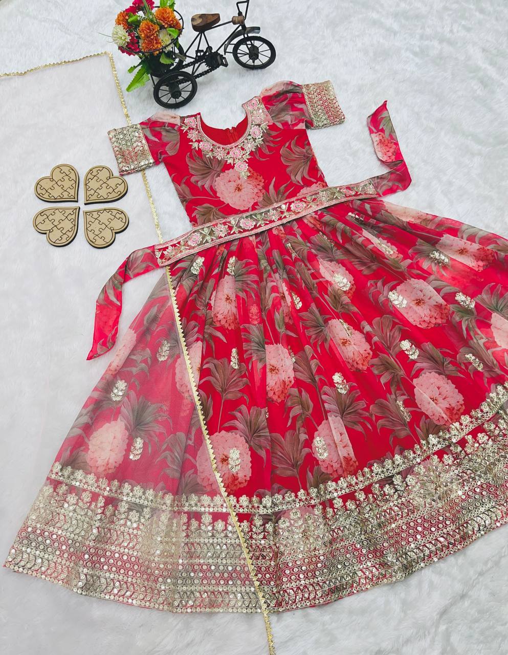 Designer Heavy Faux Georgette Red Color Digital Print Embroidered Sequin Work Gown With Dupatta And Kamar Belt