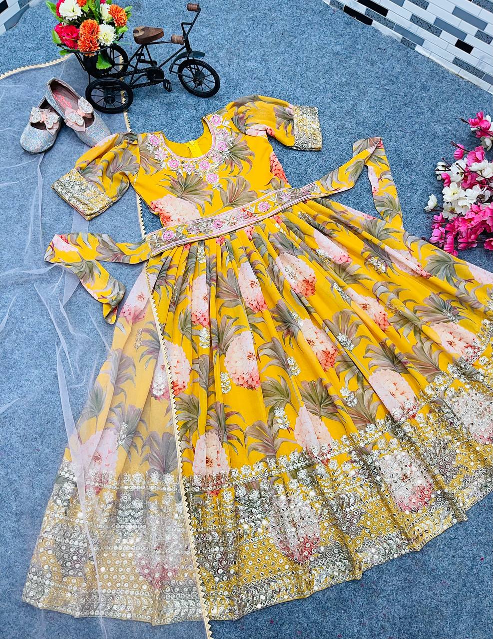 Designer Heavy Faux Georgette Yellow Color Digital Print Embroidered Sequin Work Gown With Dupatta And Kamar Belt
