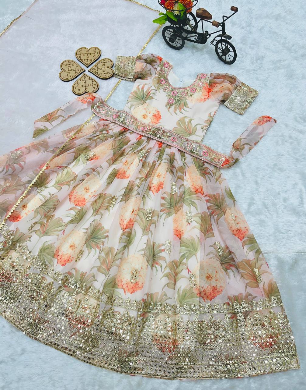 Designer Heavy Faux Georgette Off White Color Digital Print Embroidered Sequin Work Gown With Dupatta And Kamar Belt