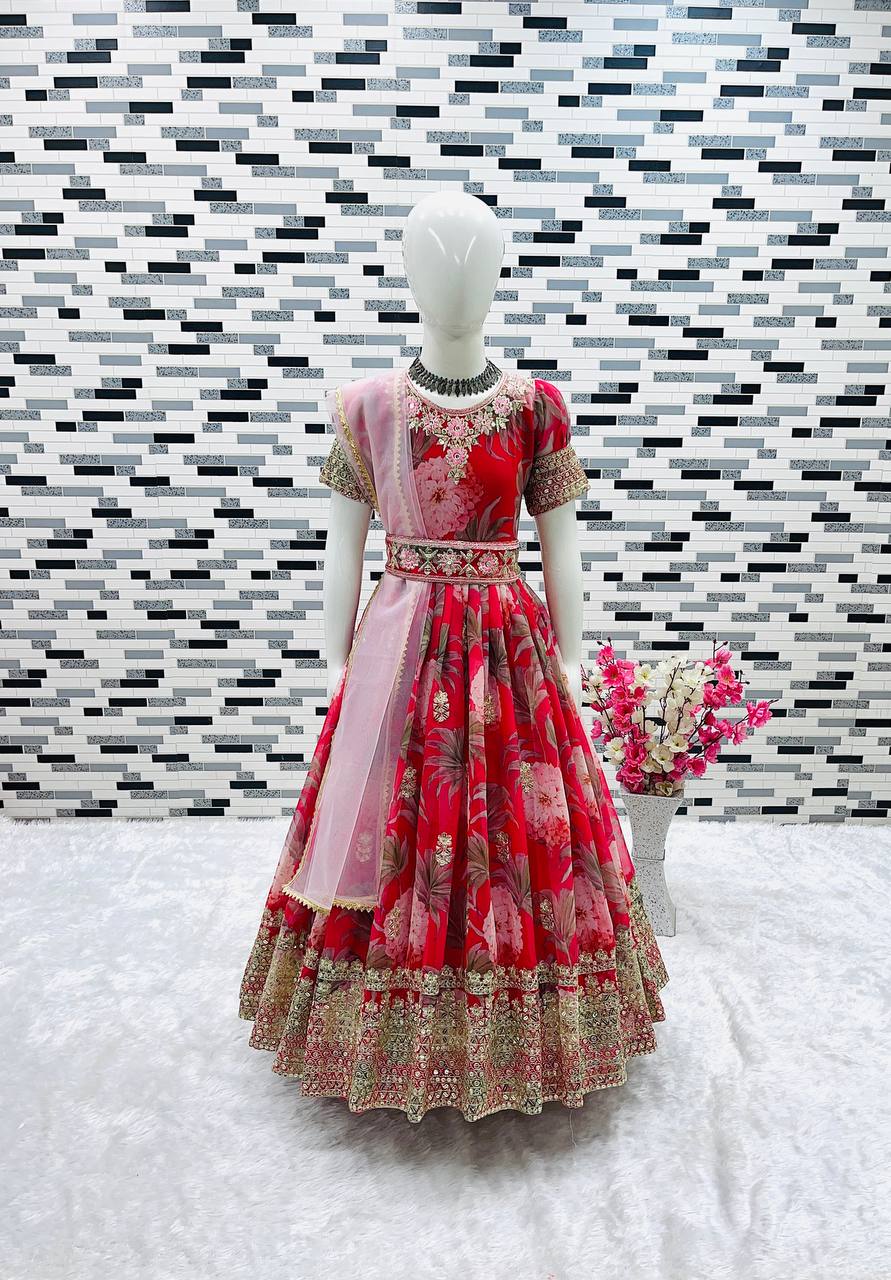 Designer Heavy Faux Georgette Red Color Digital Print Embroidered Sequin Work Gown With Dupatta And Kamar Belt