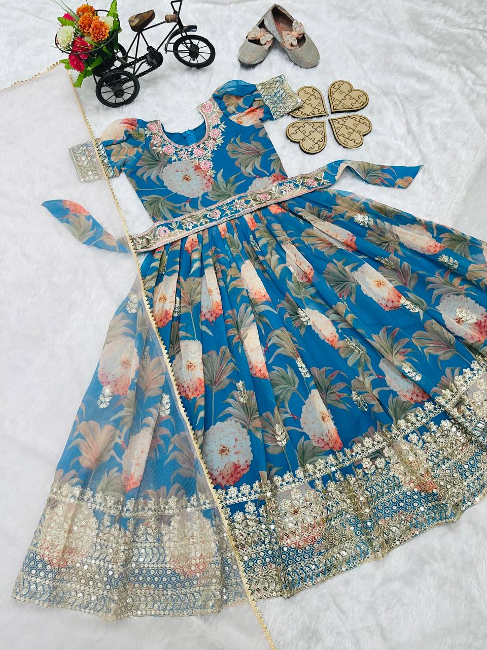 Designer Heavy Faux Georgette Blue Color Digital Print Embroidered Sequin Work Gown With Dupatta And Kamar Belt