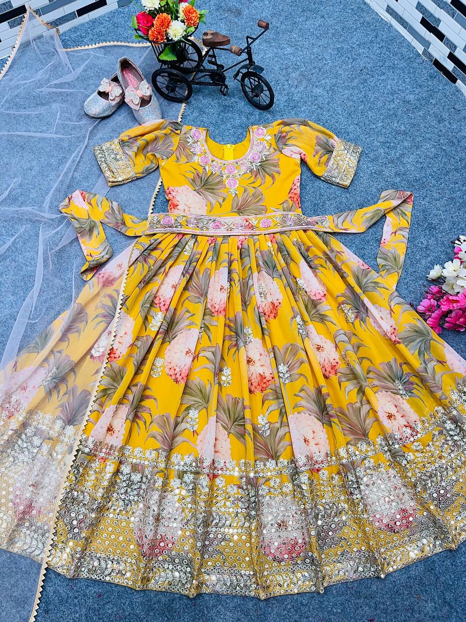 Designer Heavy Faux Georgette Yellow Color Digital Print Embroidered Sequin Work Gown With Dupatta And Kamar Belt