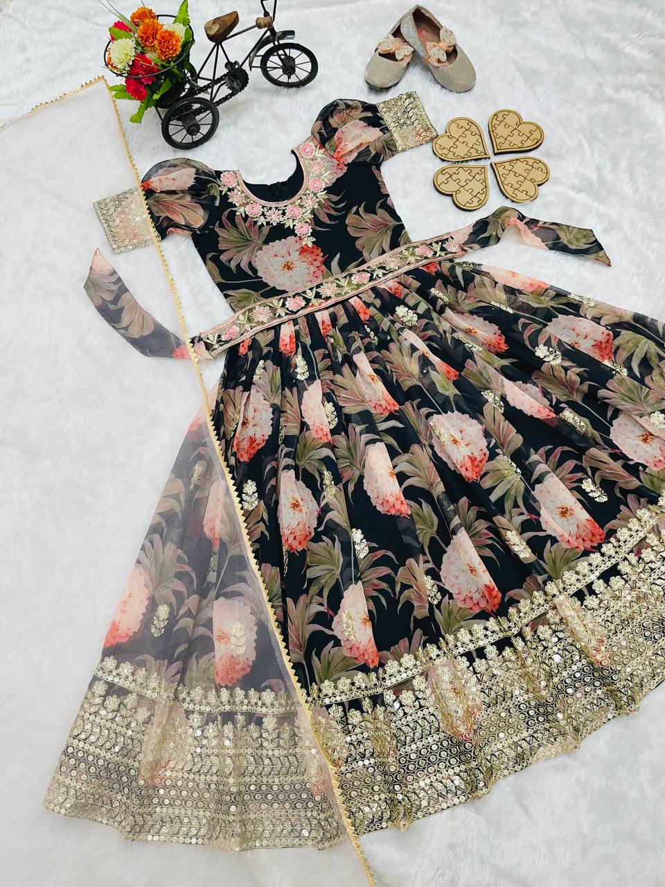 Designer Heavy Faux Georgette Black Color Digital Print Embroidered Sequin Work Gown With Dupatta And Kamar Belt