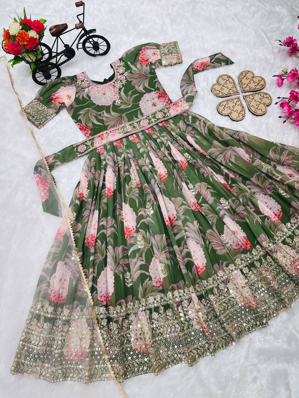 Designer Heavy Faux Georgette Green Color Digital Print Embroidered Sequin Work Gown With Dupatta And Kamar Belt