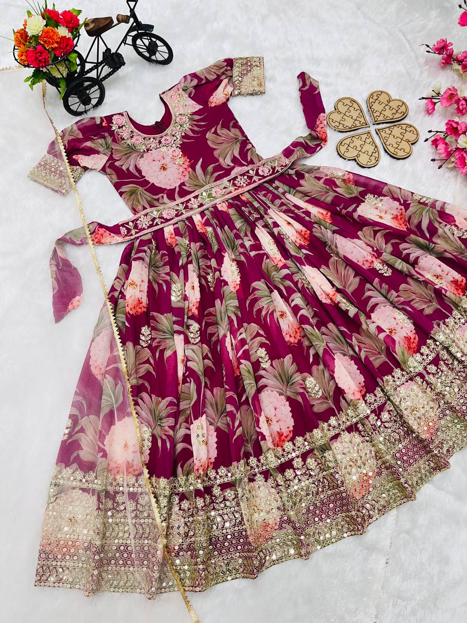 Designer Heavy Faux Georgette Maroon Color Digital Print Embroidered Sequin Work Gown With Dupatta And Kamar Belt