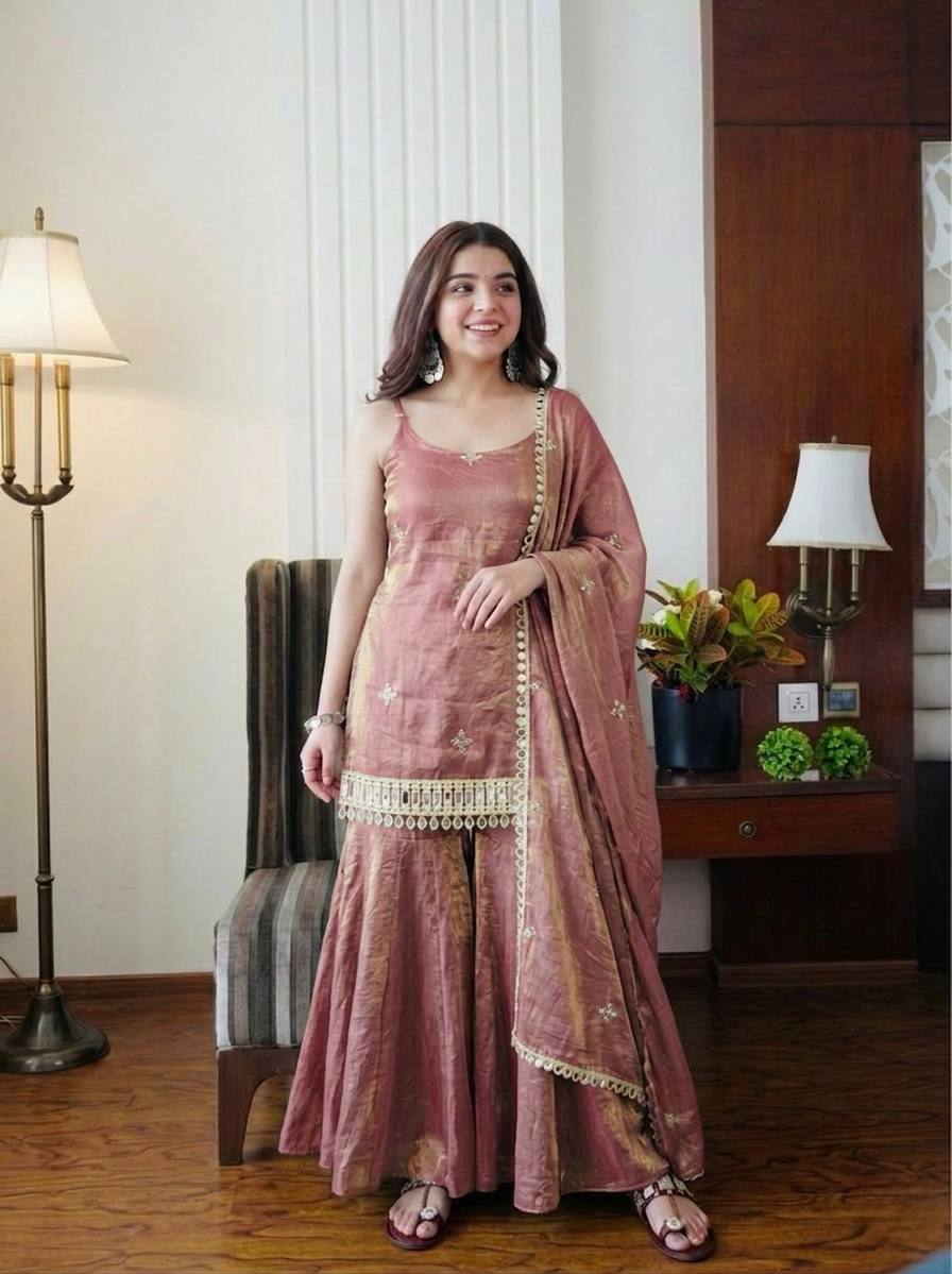 Wedding Wear Dusty Peach Color Fendy Silk Mirror Work Sharara Set